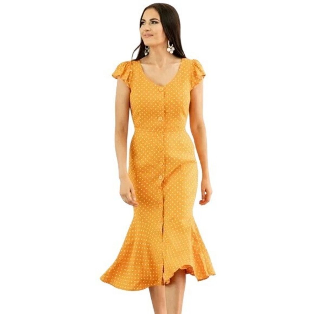 Rachel Parcell Orange‎ Polka Dot V-Neck Linen-Blend Button-Down Midi Dress XXL
